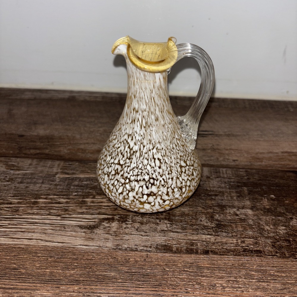 Small Yellow Blown Glass Pitcher or Vase White Swirls Clear Ribbed Handle 4.75"
